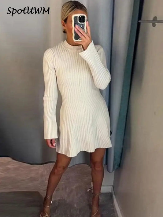 Elegant Solid Ribbed Knitted Short Dress for Women 2023 Long Sleeve O Neck Mini Dresses Fashion Autumn Lady Party Club Vestidos